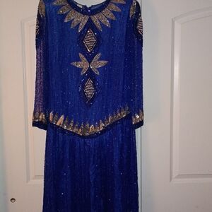 Stunning 100% Silk (outer) Royal Blue & Silver Asymmetrical Dress Rayon (Lining)